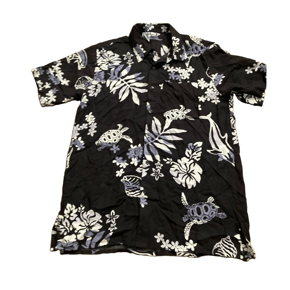 Cabali Hawaiian Short Sleeve Shirt Black White Dolphin Flowers 1 Pocket Men L